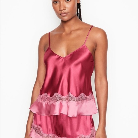 2 Piece Matching Set: XS/S Robe + Small Cami and Short Set PJ Ruffle Satin Lace - Picture 10 of 12